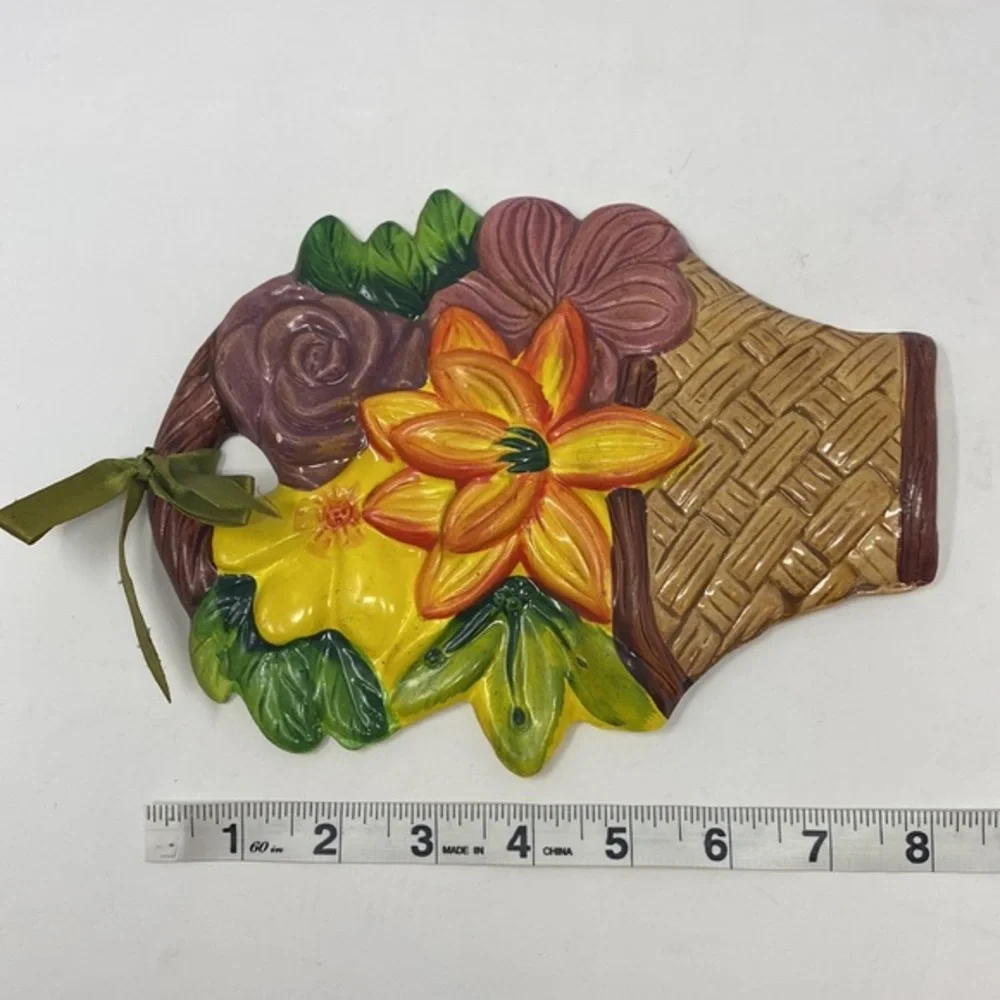 Vintage Ceramic Floral Basket Wall Hanging Decor Hand Painted